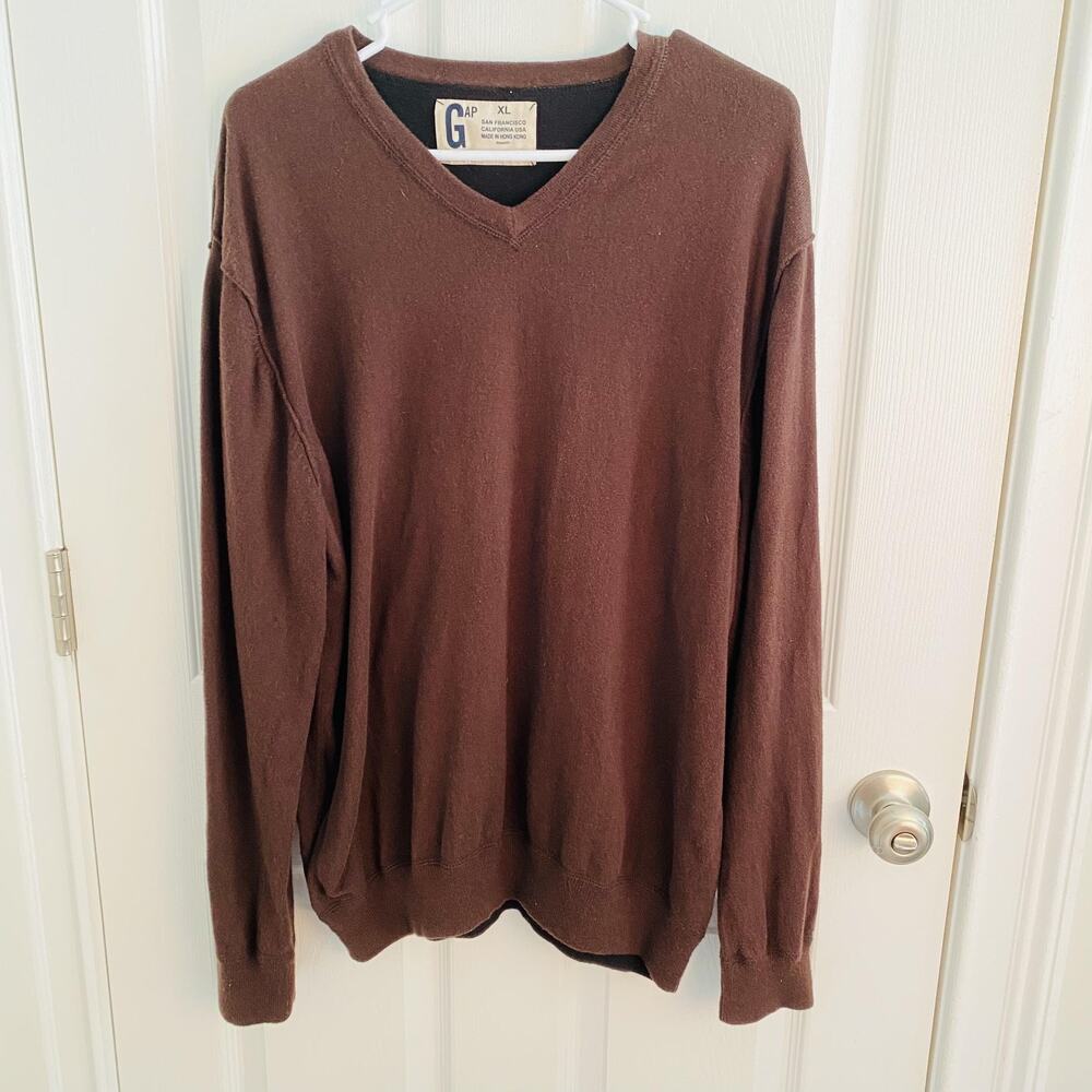 vintage GAP Sweater Mens XL Brown V Neck Cotton Cashmere Blend Knit Pullover